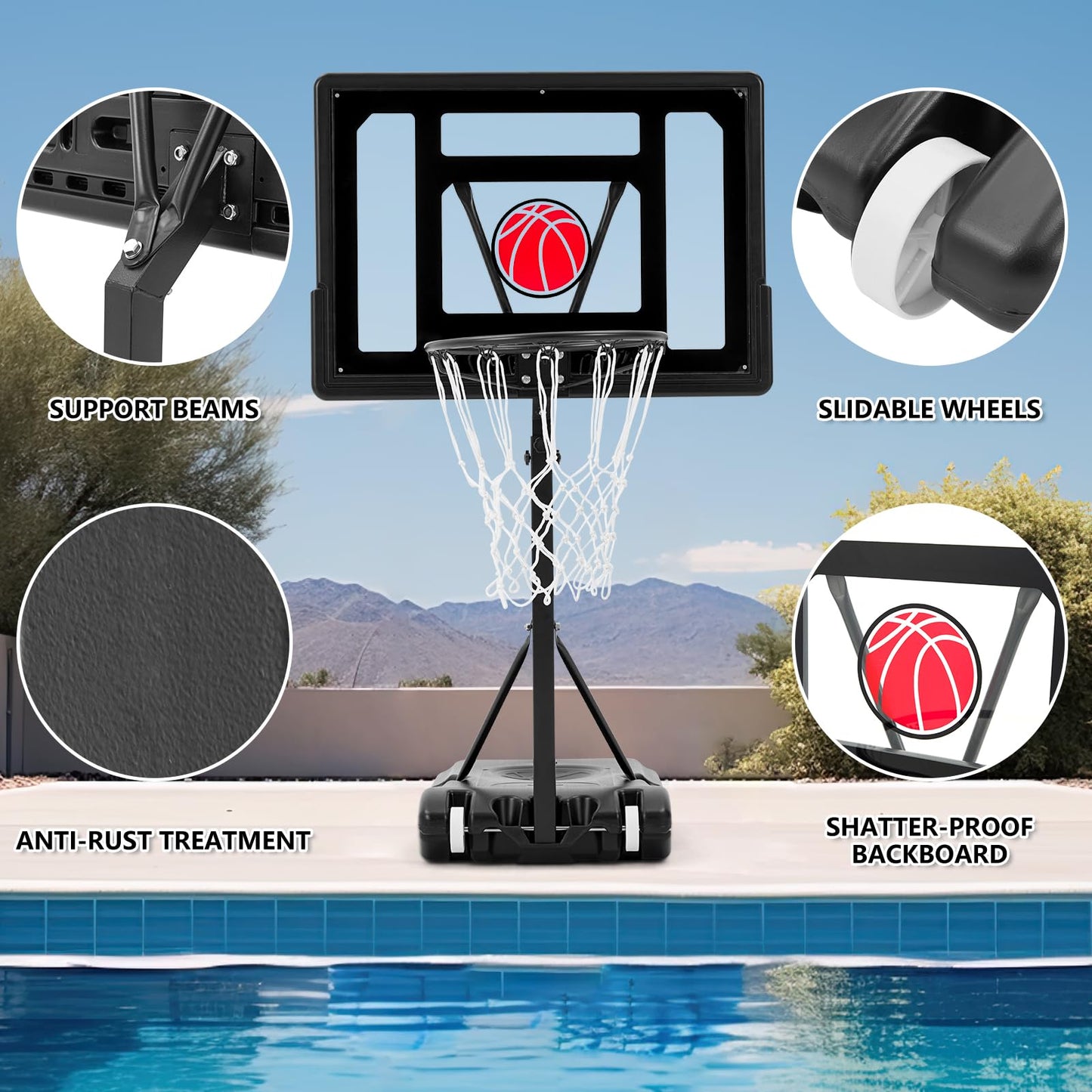 YODOLLA Portable Basketball Hoop Poolside Basketball Hoop 81cm x 58cm, 0.95m-1.25m