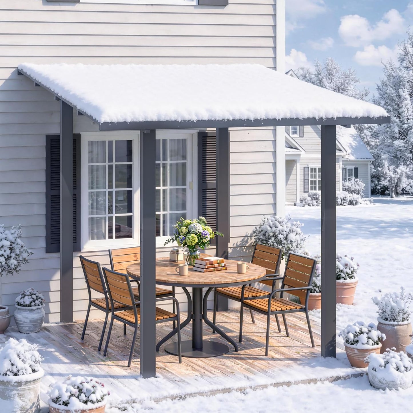 YODOLLA 2.4 x 2.4m Metal Lean-to Gazebo Wall-Mounted Iron Hardtop Roof Pergola