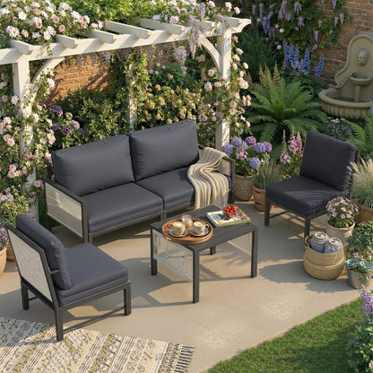 YODOLLA 4 Seater Outdoor Garden Furniture Set, Retractable Single Chair & Loveseat Patio Sofa
