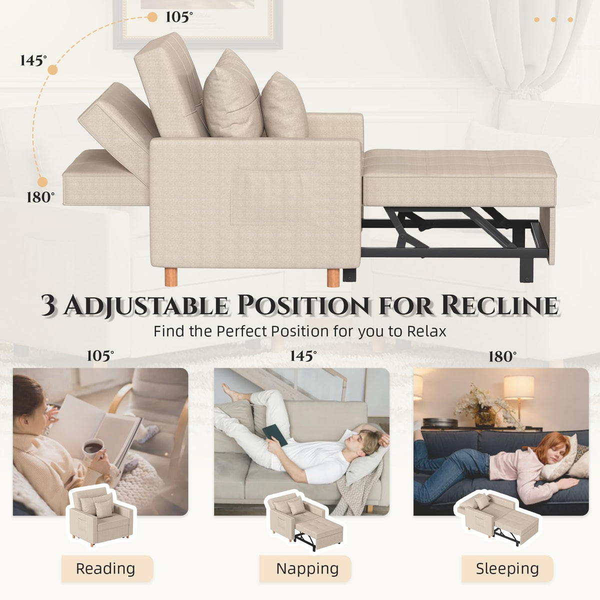 YODOLLA 3-in-1 Sleeper Sofa Bed, 192cm Convertible Single Sofa, Adjustable Armchair