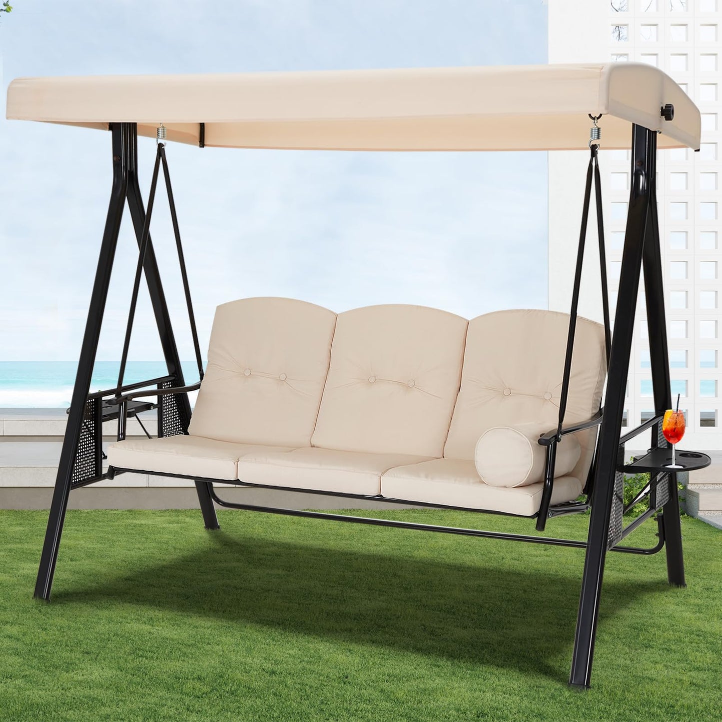 YODOLLA 3 Seater Garden Swing Chair with Adjustable Canopy & Cushions-Beige