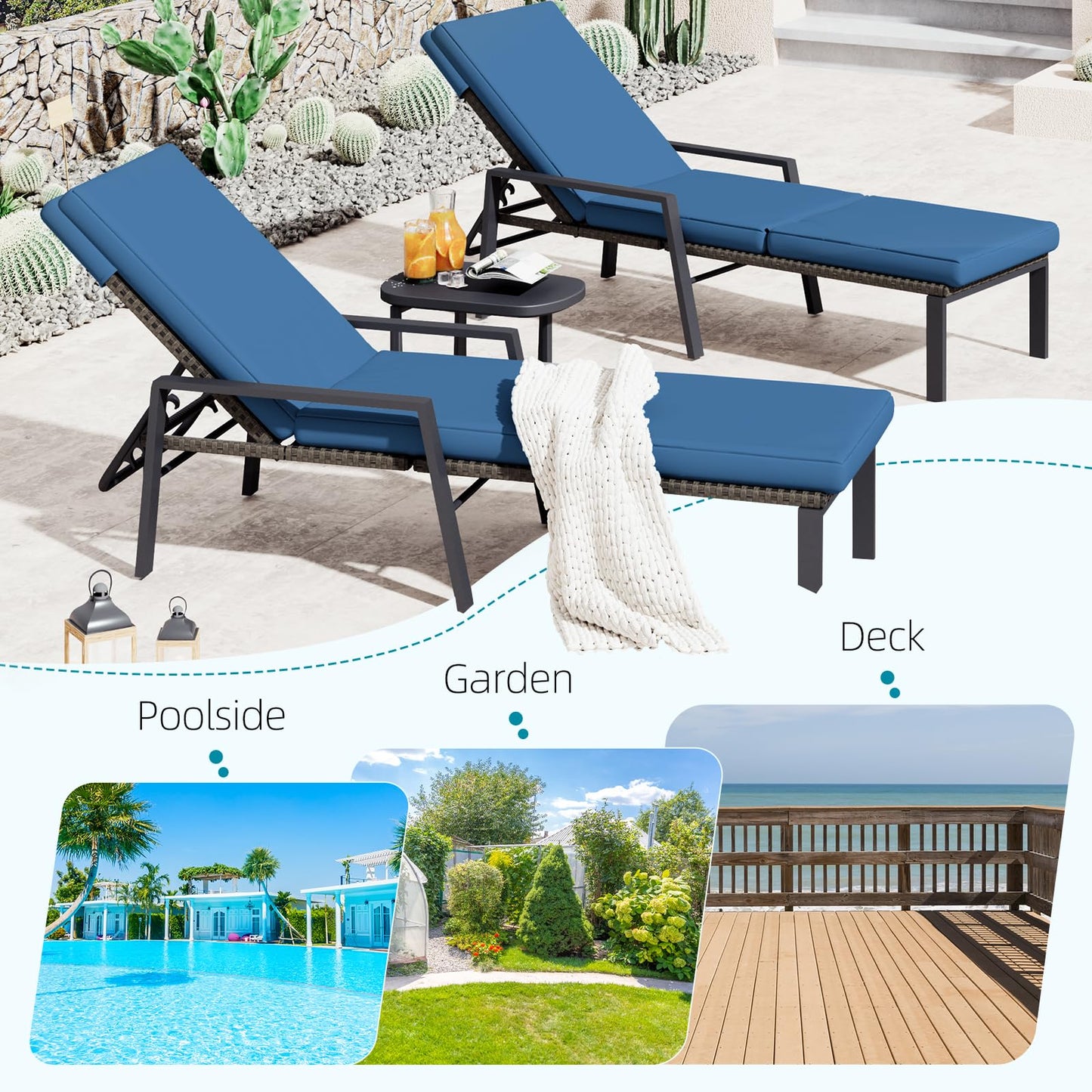 YODOLLA PE Rattan Sun Loungers , 5-level Reclining Back & Removable Cushion