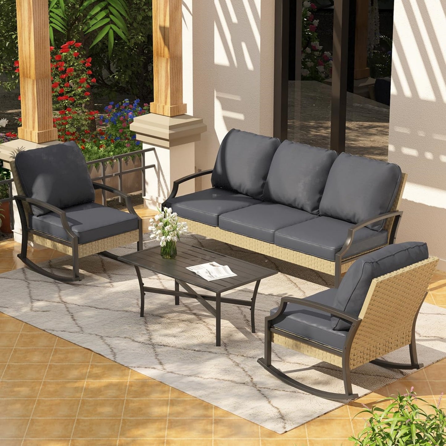 YODOLLA 4-Piece Patio Furniture Set with Rocking Chairs, Grey