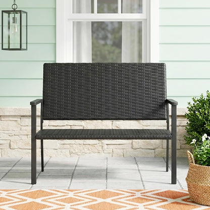 YODOLLA Outdoor PE Rattan Wicker Loveseat, 2-Seater Garden Bench with Sturdy Metal Frame