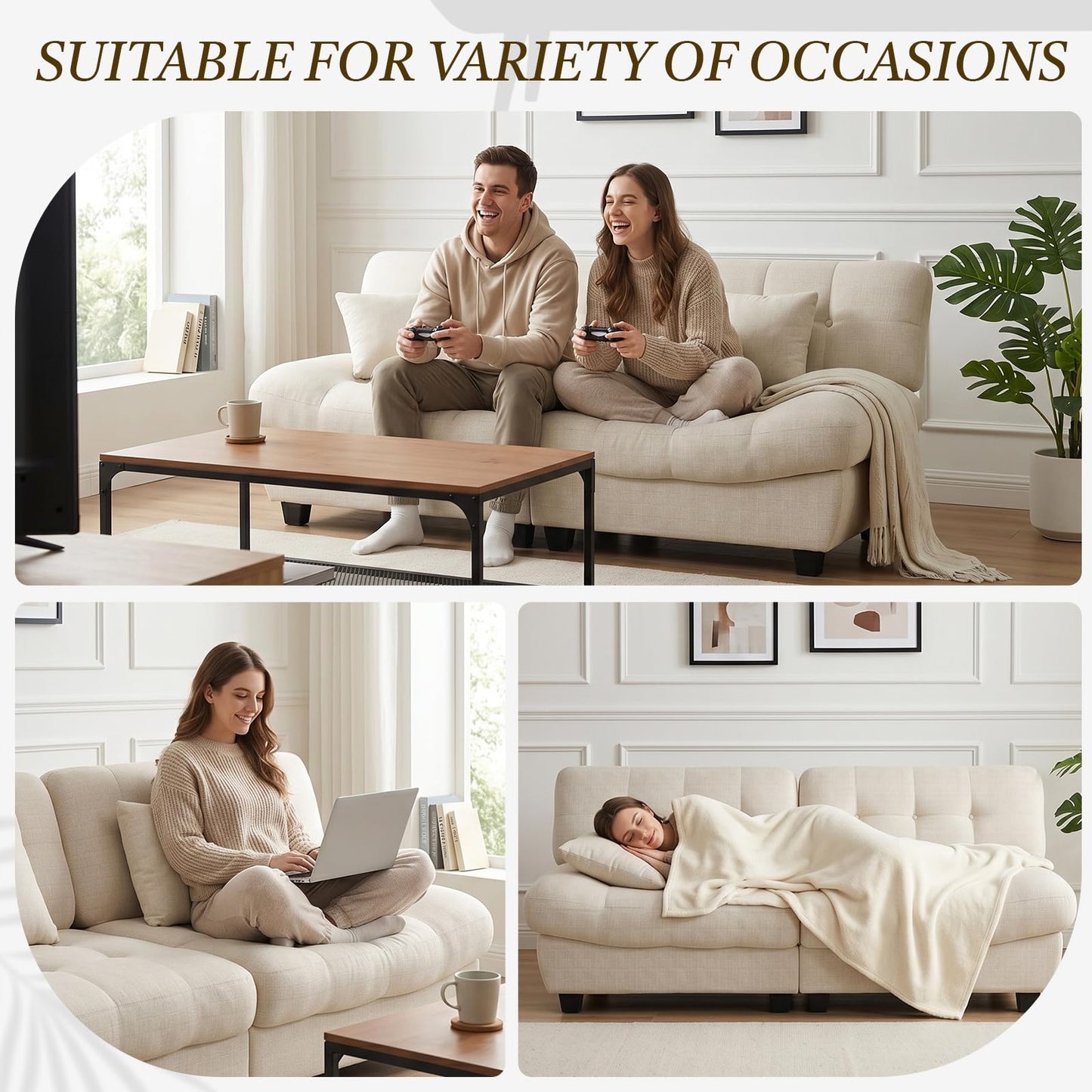 YODOLLA Armless 3-4 Seater Sofa 190cm, Thick Cushion Sofa