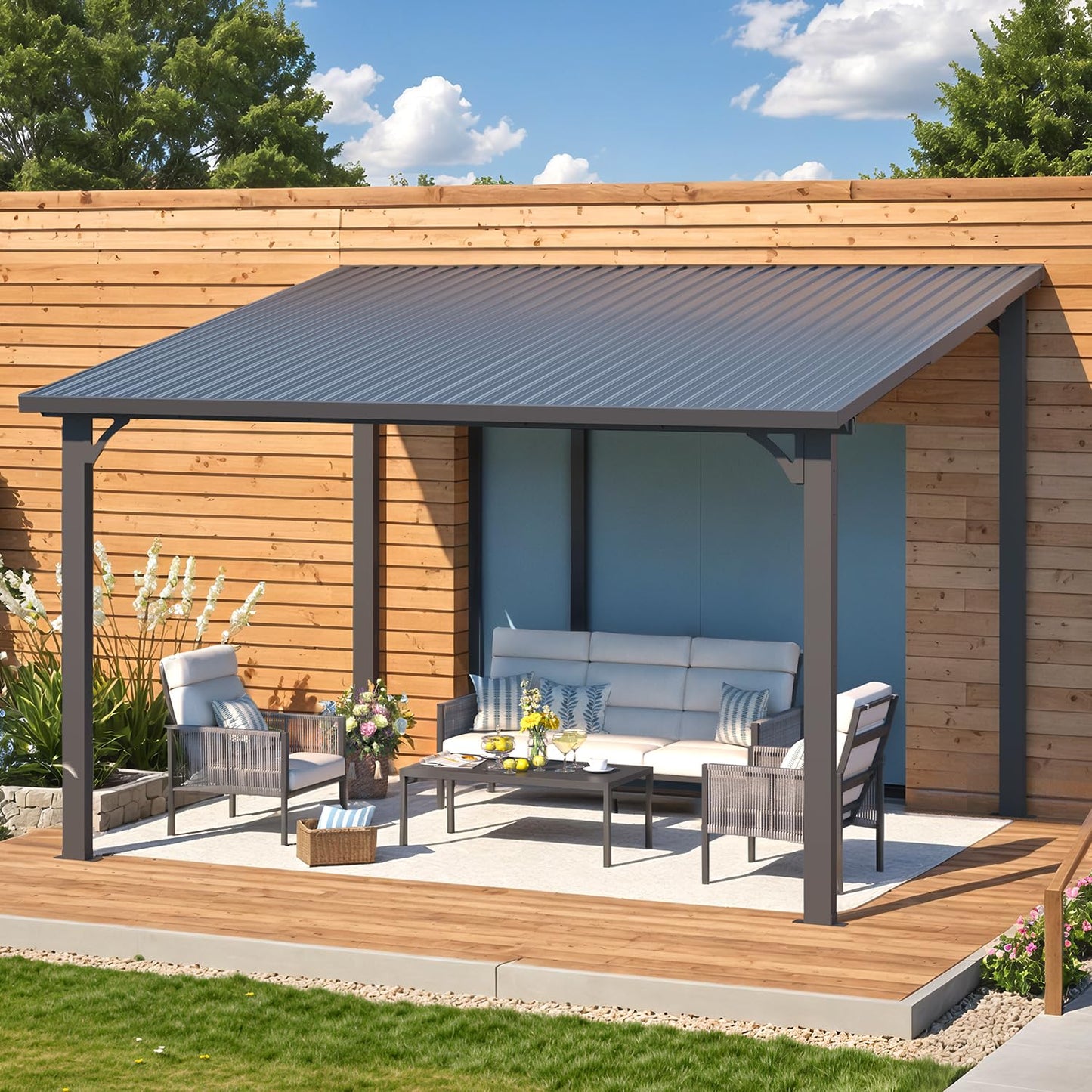 YODOLLA 3x3.65m Aluminium Lean-to Gazebo Wall-Mounted Iron Hardtop Roof Pergola