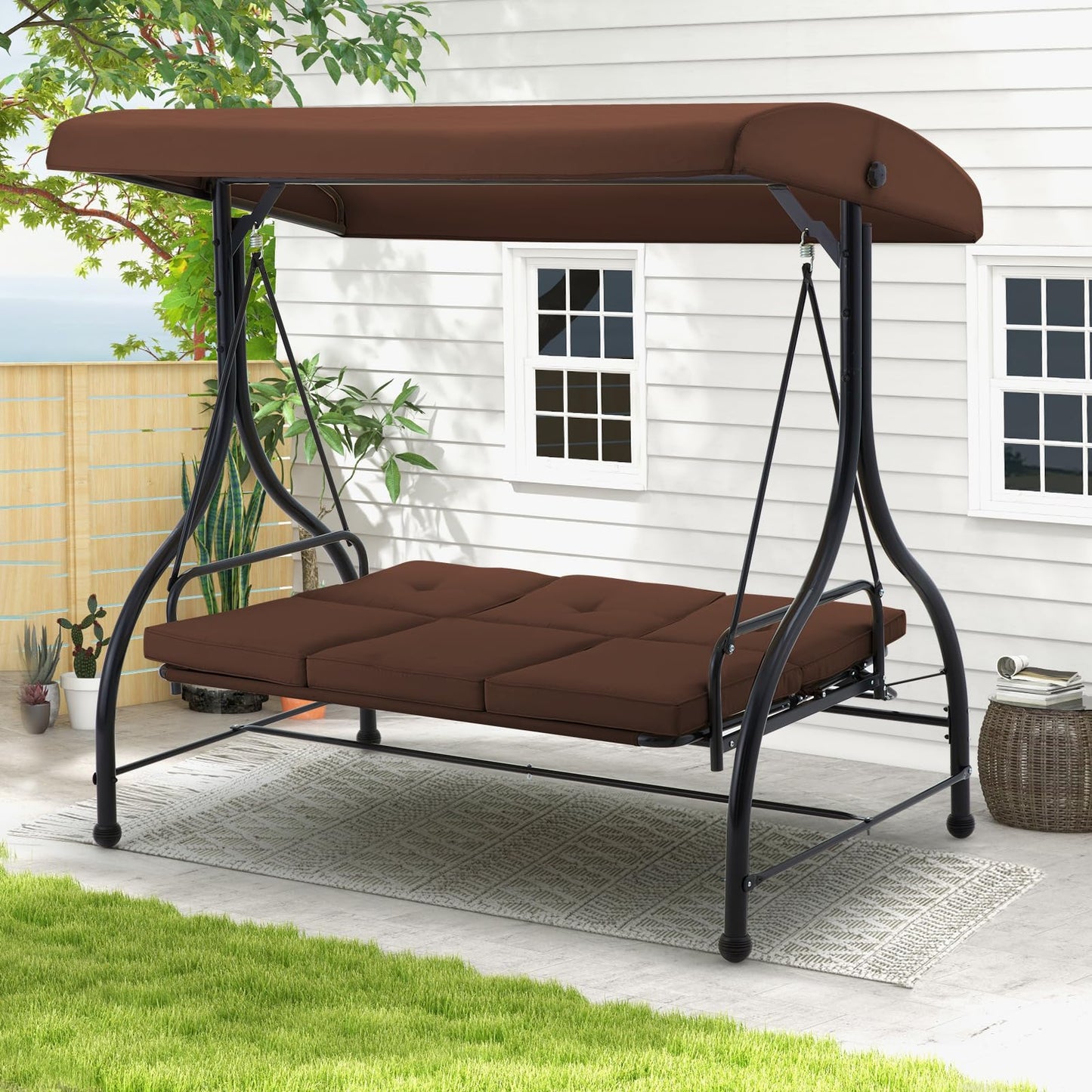 YODOLLA 3 Seater Garden Swing Seat Bed, Brown