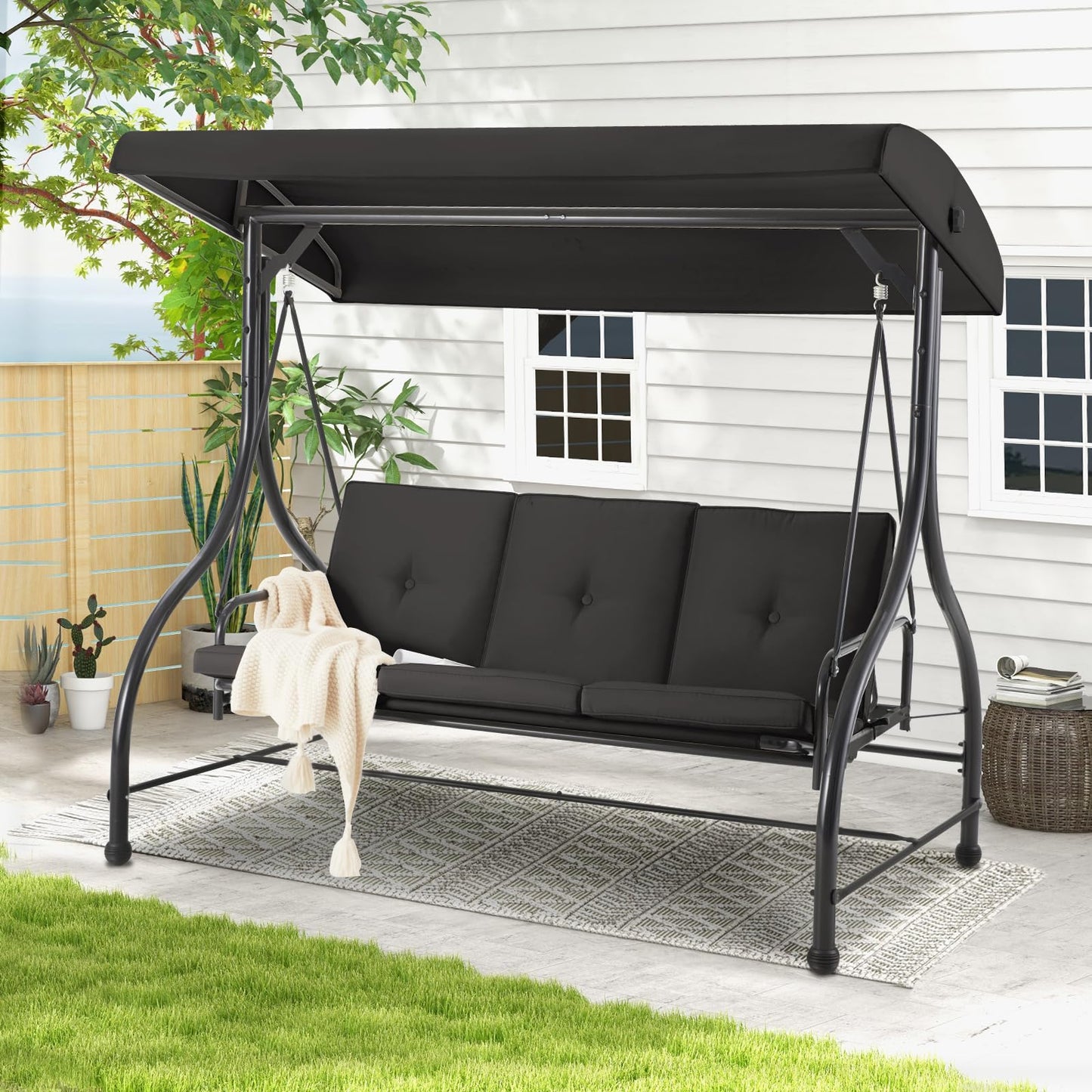 YODOLLA 3 Seater Garden Swing Seat Bed, Black