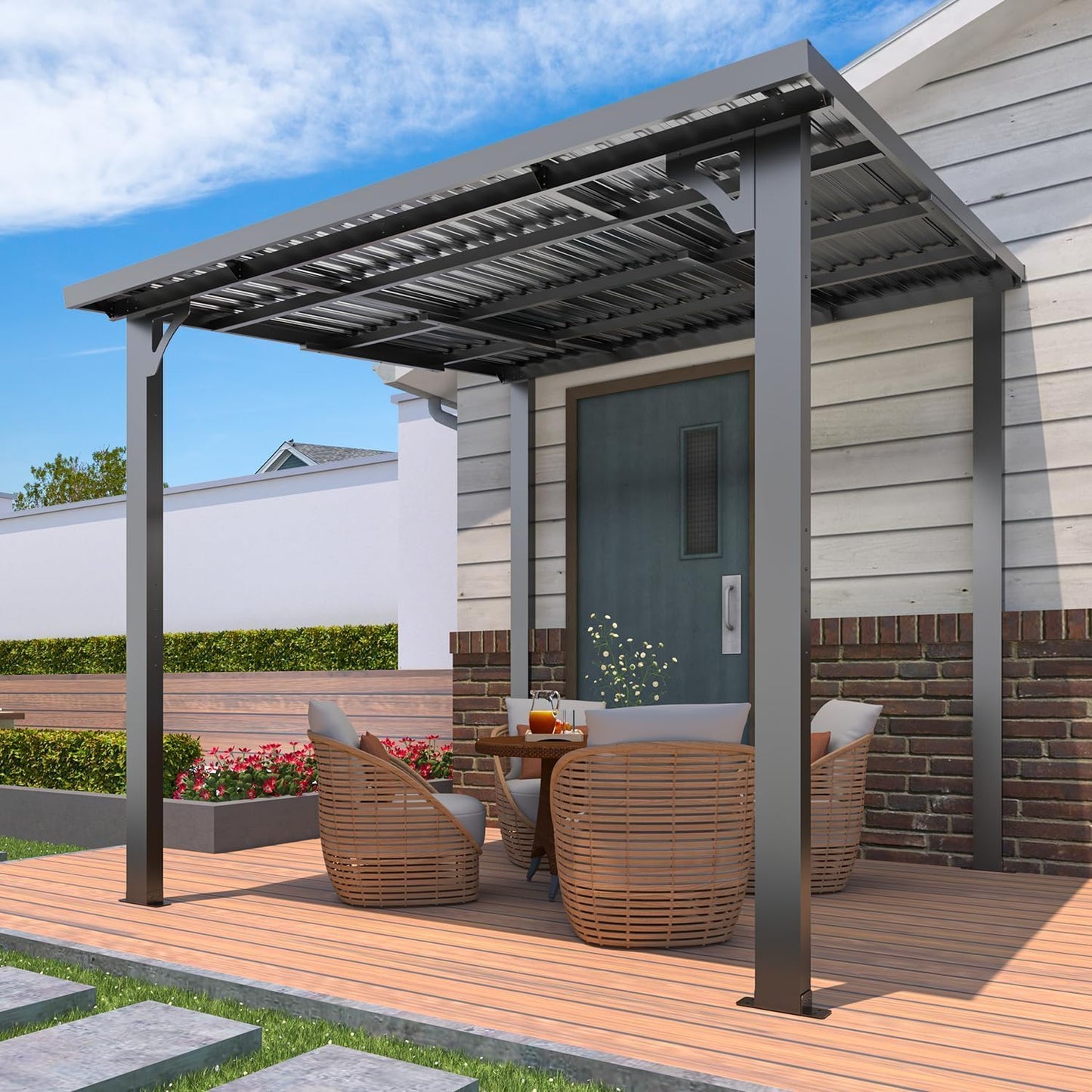 YODOLLA 2.4x2.4m Aluminium Lean-to Gazebo Wall-Mounted Hardtop Roof Pergola