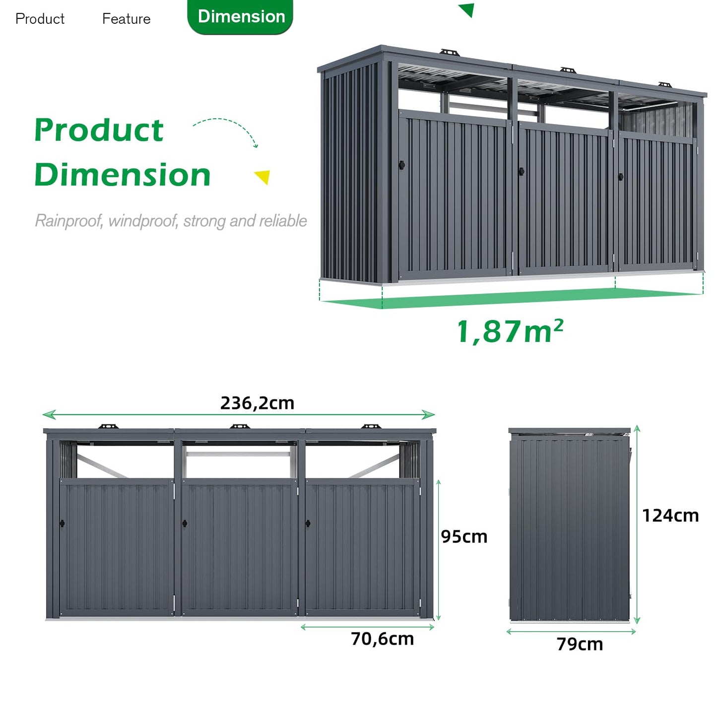 YODOLLA Wheelie Bin Box, Set of 3, 240 L Garden Cabinet Tool Shed, Dark Grey