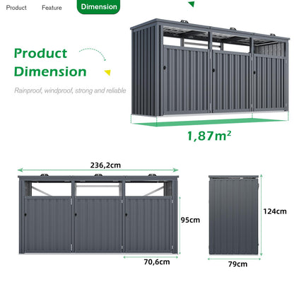 YODOLLA Wheelie Bin Box, Set of 3, 240 L Garden Cabinet Tool Shed, Dark Grey