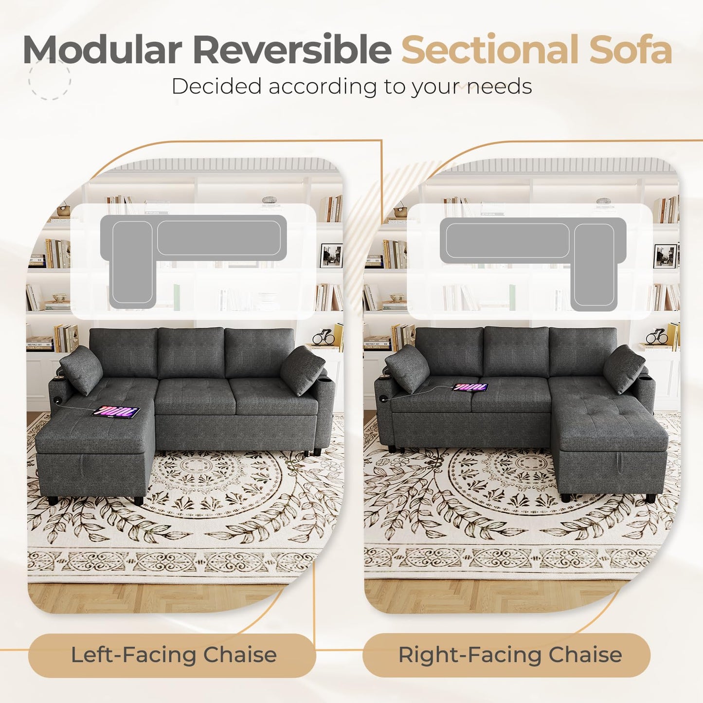 YODOLLA L-Shaped Corner Sofa Bed 3-in-1 Pull Out Sleeper Sofa, Dark Grey