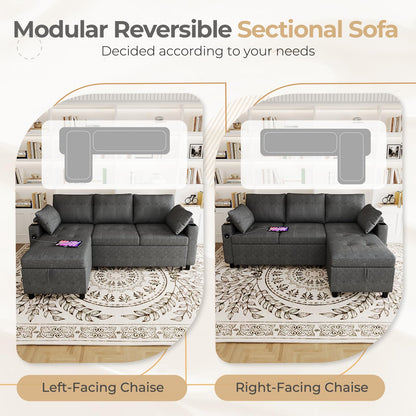 YODOLLA L-Shaped Corner Sofa Bed 3-in-1 Pull Out Sleeper Sofa, Dark Grey