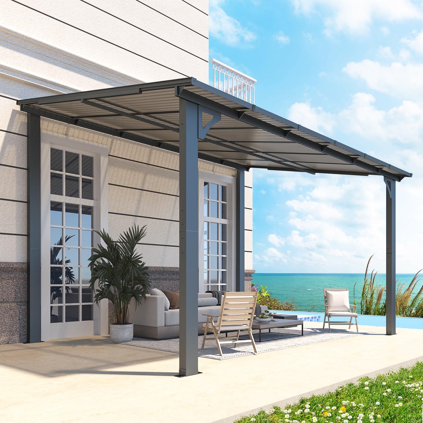 YODOLLA 2.4x3.65m Aluminium Lean-to Gazebo, Wall-Mounted Hardtop Roof Pergola