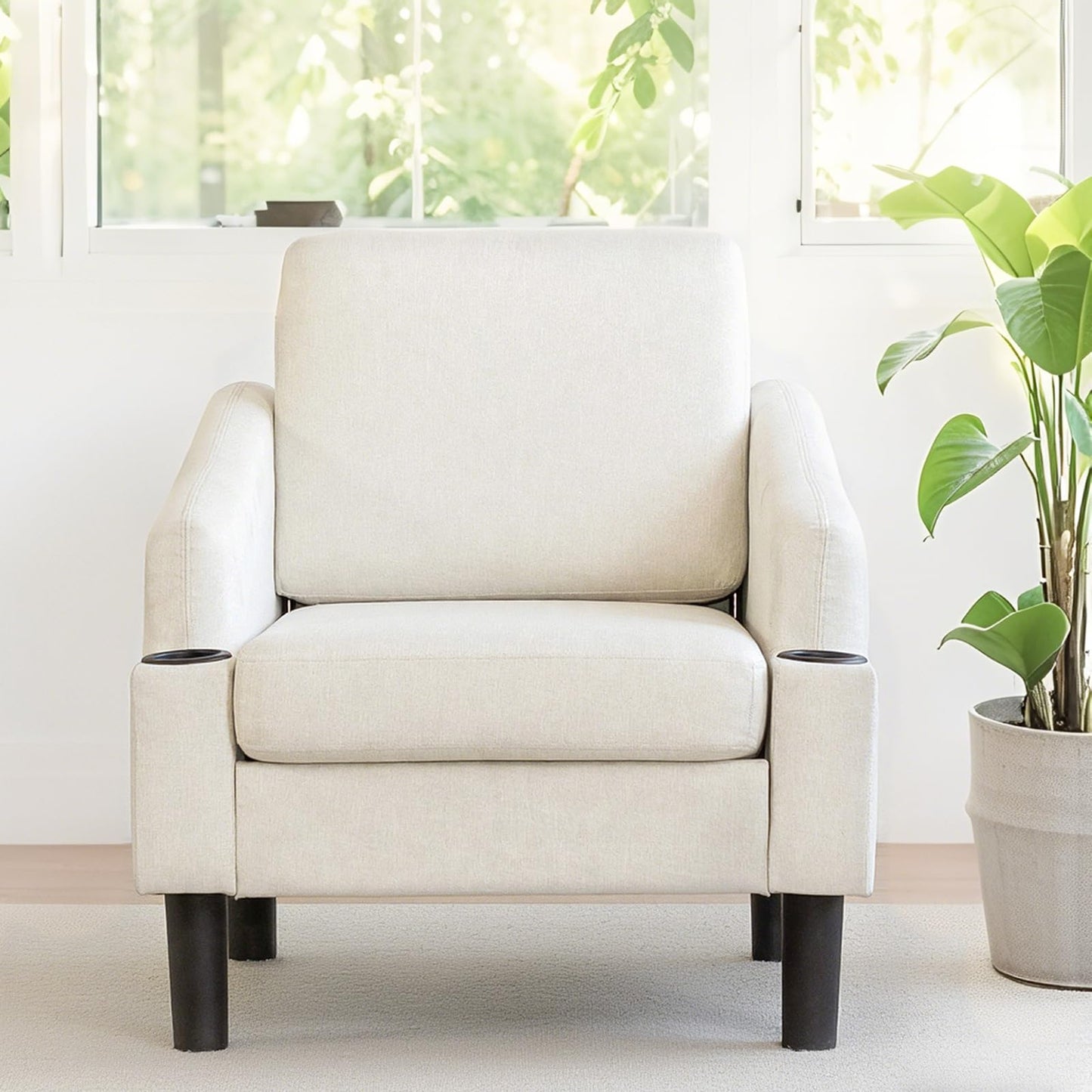 YODOLLA Fabric Accent Armchair with Cup Holders Upholstered Comfy Chair, Beige