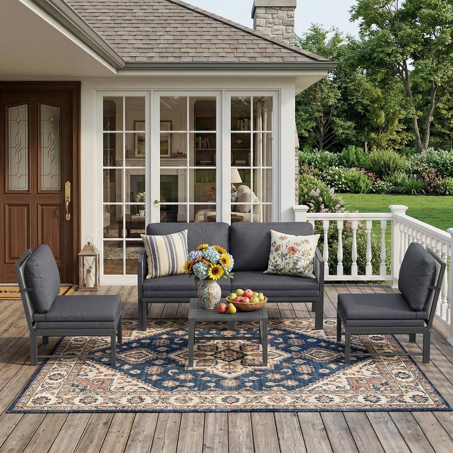 YODOLLA 4 Seater Outdoor Garden Furniture Set, Retractable Single Chair & Loveseat Patio Sofa