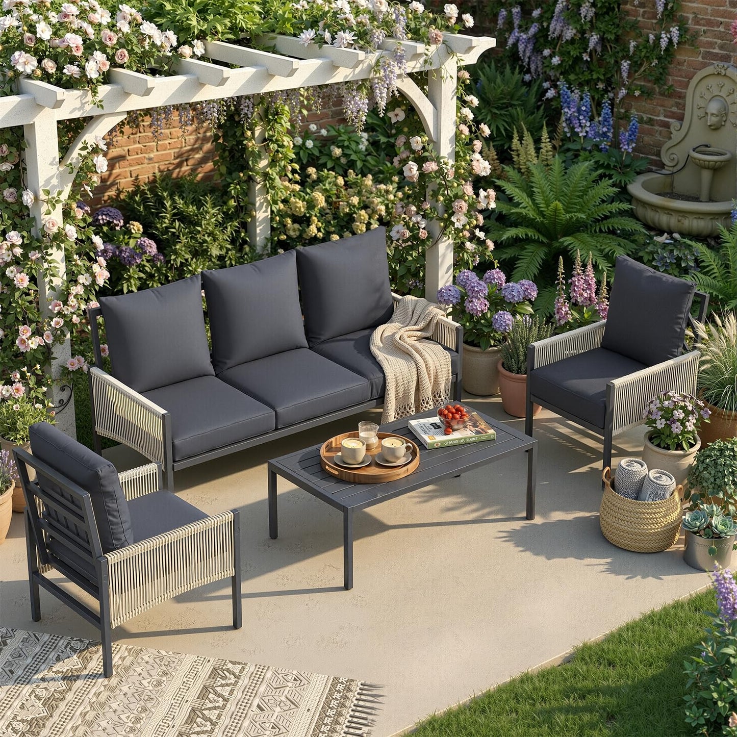 YODOLLA 5 Seater Outdoor Garden Furniture Set, Retractable Single Chair Patio Sofa