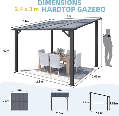 YODOLLA 2.4 x 3m Aluminium Lean-to Gazebo, Wall-Mounted Hardtop Pergola, White
