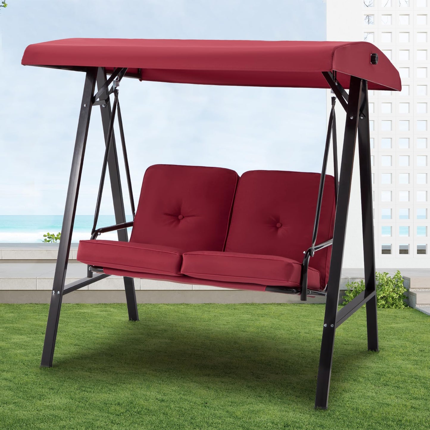 YODOLLA 2 Seater Garden Swing Chair with Adjustable Canopy & Cushions-Red