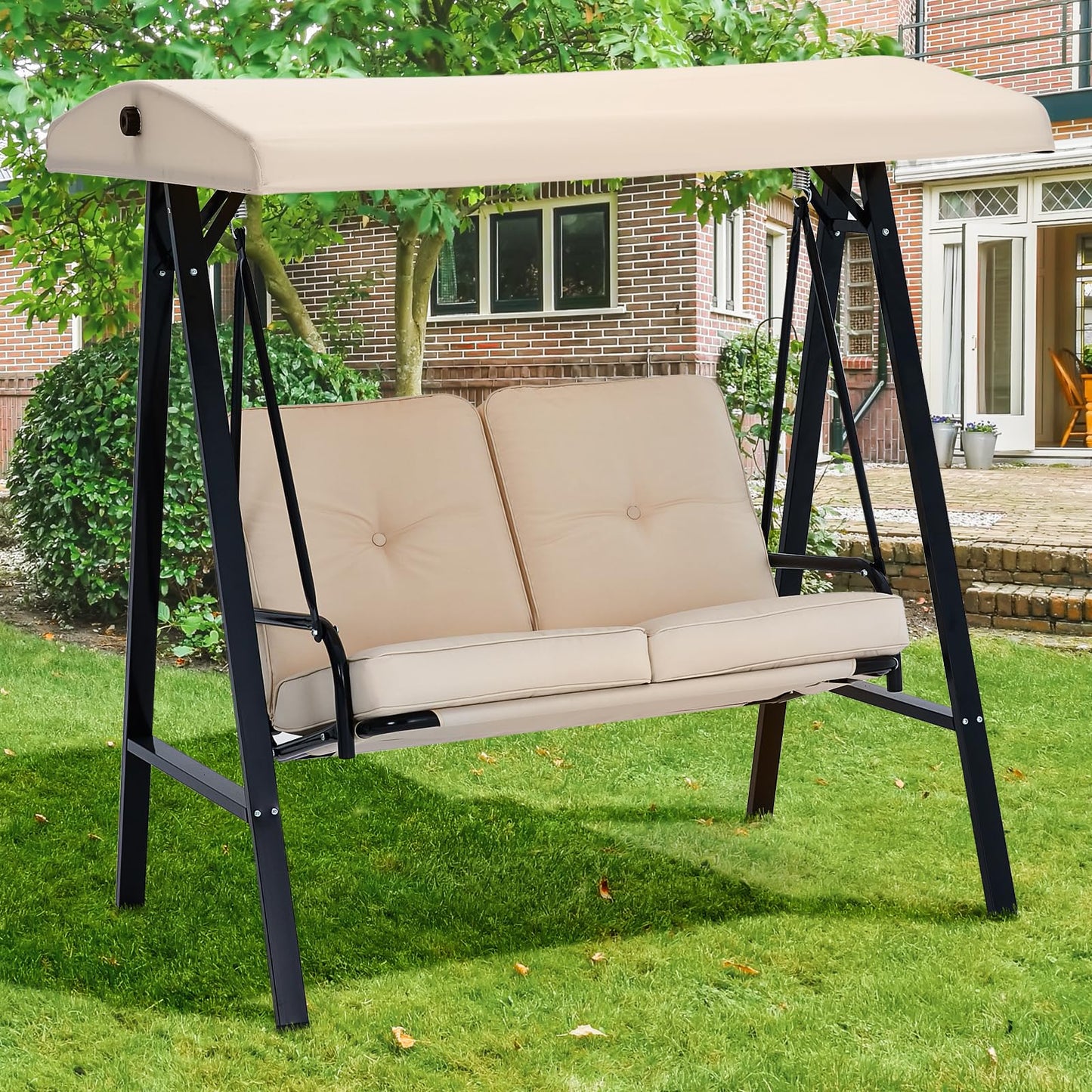 YODOLLA 2 Seater Garden Swing Chair with Adjustable Canopy & Cushions-Beige