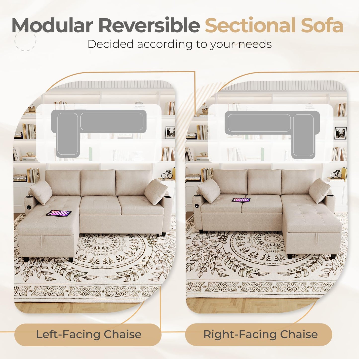 YODOLLA L-Shaped Corner Sofa Bed 3-in-1 Pull Out Sleeper Sofa, Beige