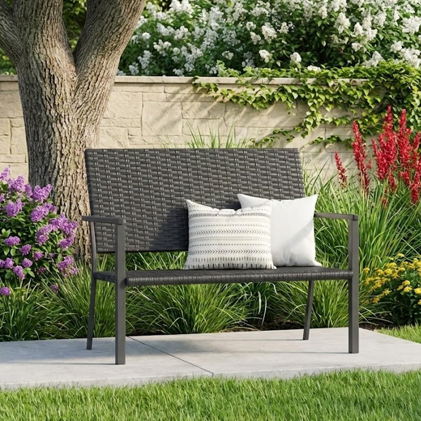 YODOLLA Outdoor PE Rattan Wicker Loveseat, 2-Seater Garden Bench with Sturdy Metal Frame