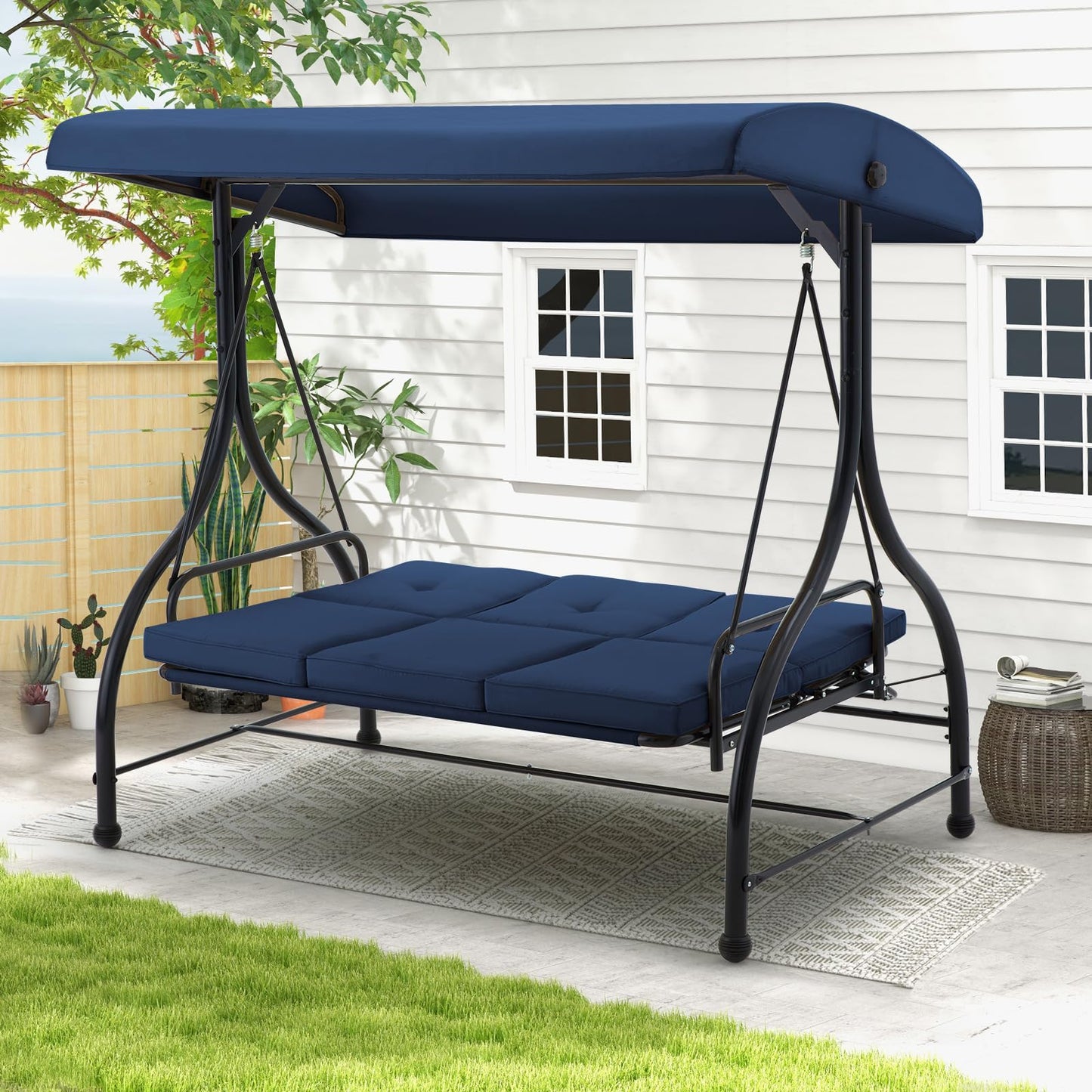 YODOLLA 3 Seater Garden Swing Seat Bed, Blue