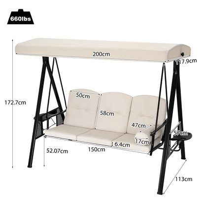 YODOLLA 3 Seater Garden Swing Chair with Adjustable Canopy & Cushions-Beige