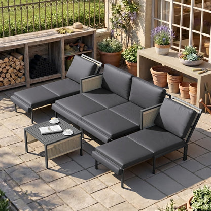 YODOLLA 4 Seater Outdoor Garden Furniture Set, Retractable Single Chair & Loveseat Patio Sofa