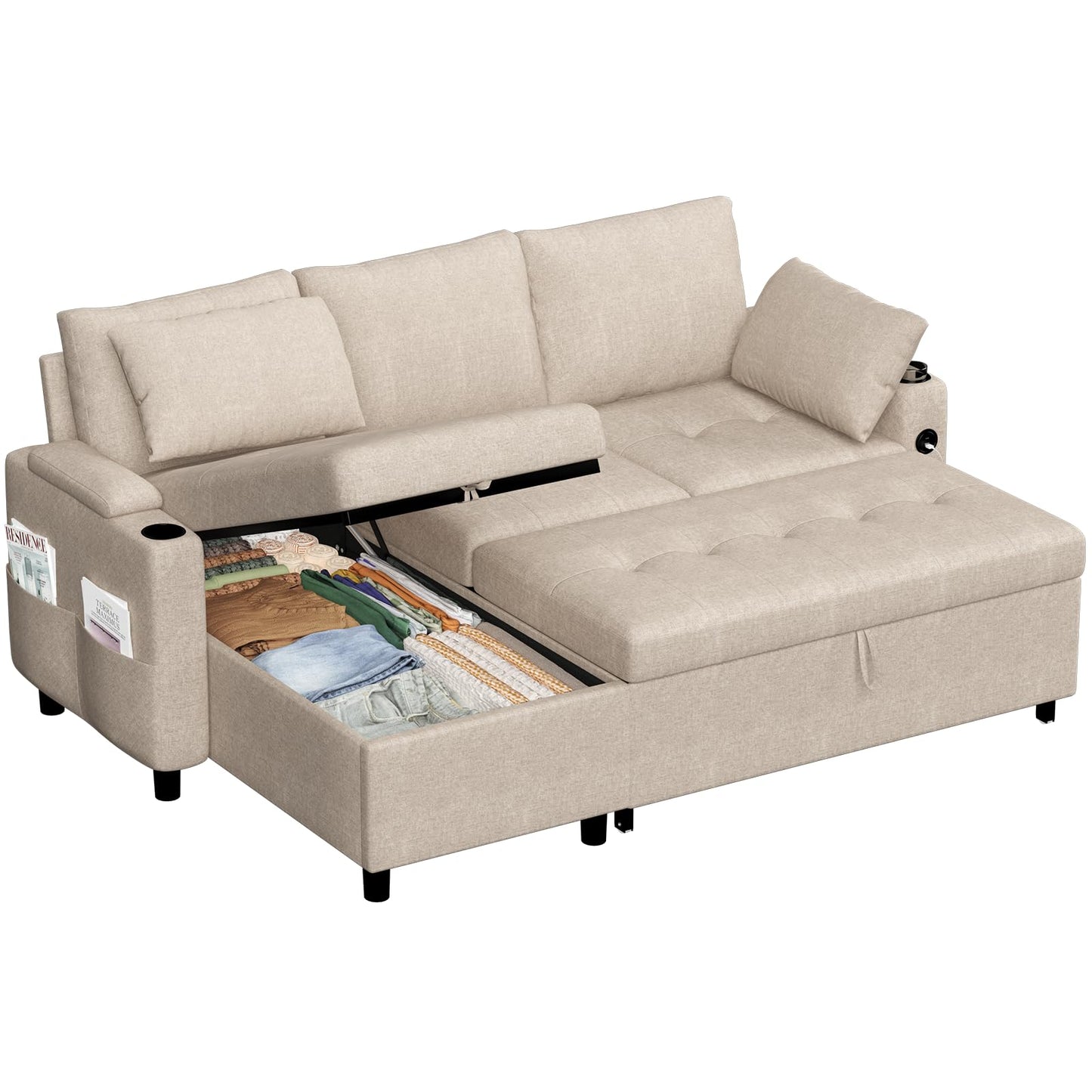 YODOLLA L-Shaped Corner Sofa Bed 3-in-1 Pull Out Sleeper Sofa, Beige