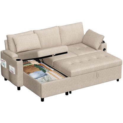 YODOLLA L-Shaped Corner Sofa Bed 3-in-1 Pull Out Sleeper Sofa, Beige