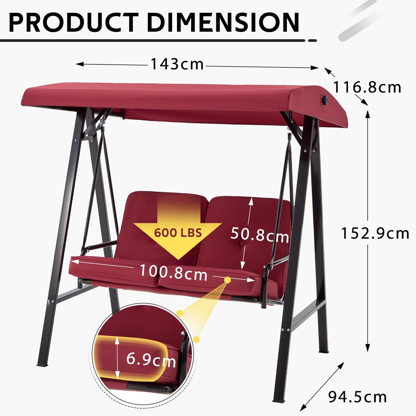 YODOLLA 2 Seater Garden Swing Chair with Adjustable Canopy & Cushions-Red