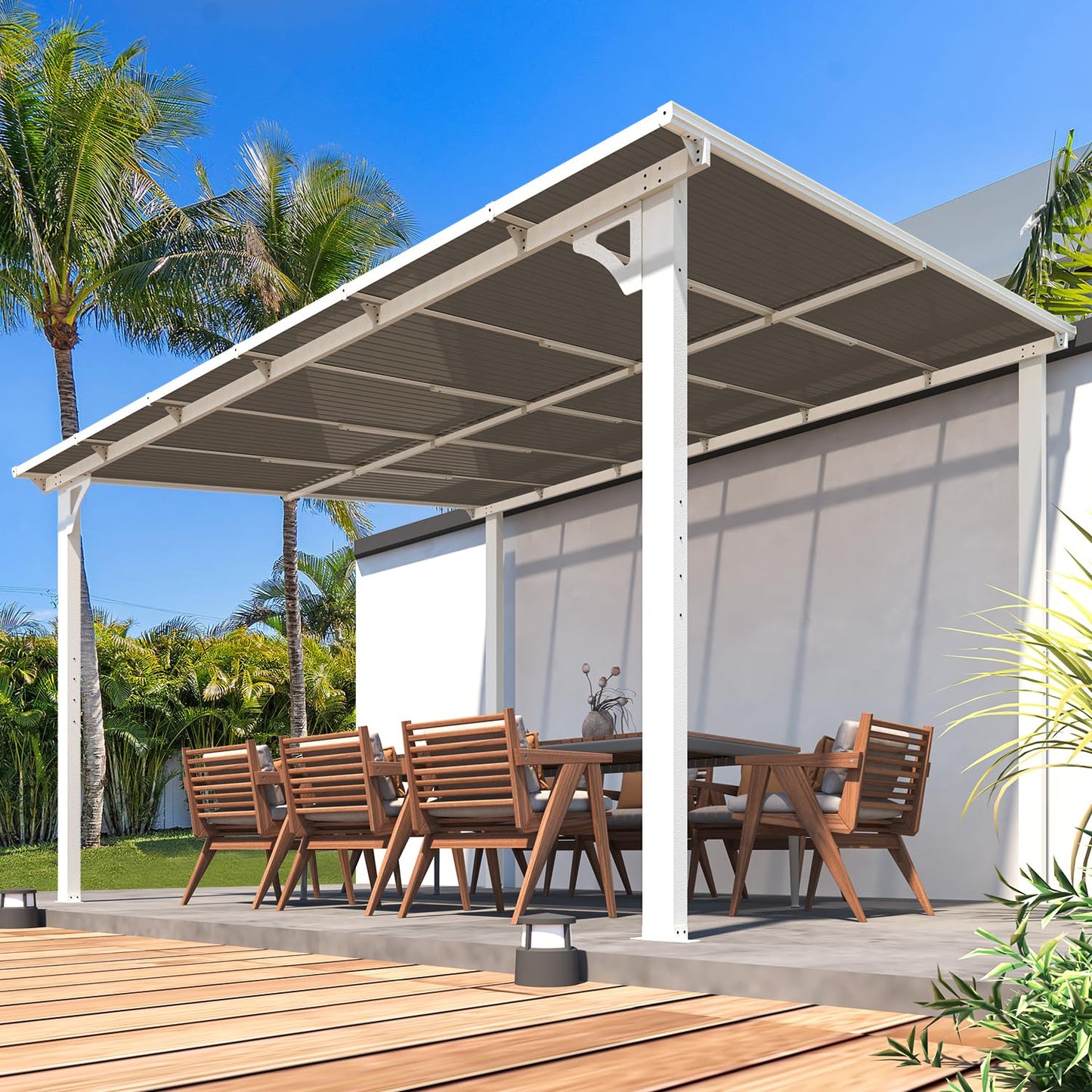 YODOLLA 3x3.65m Aluminium Lean-to Gazebo, Wall-Mounted Hardtop Roof Pergola, White